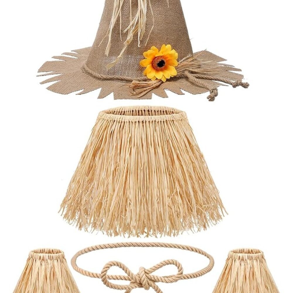 7 Pieces Scarecrow Costume Set Include Raffia Scarecrow Straw Kit Hat for Hallow